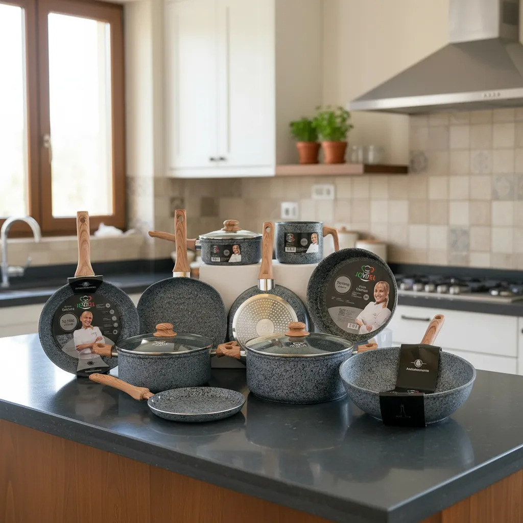 Kit de panelas em bancada de cozinha